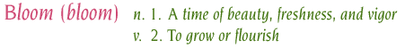 Bloom (bloom) - n. 1. A time of beauty, freshness, and vigor. v. 2. To grow or flourish