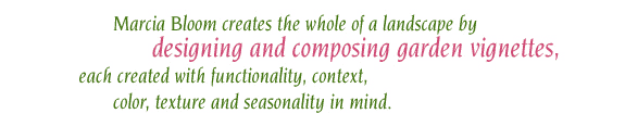 Marcia Bloom creates the whole of a landscape by designing and composing garden vignettes, each created with functionality, context, color, texture and seasonality in mind.